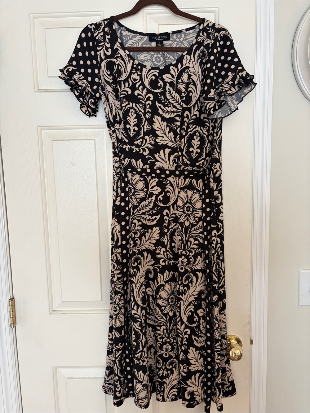Perceptions Black & Cream Floral Midi Fit-and-Flare Dress